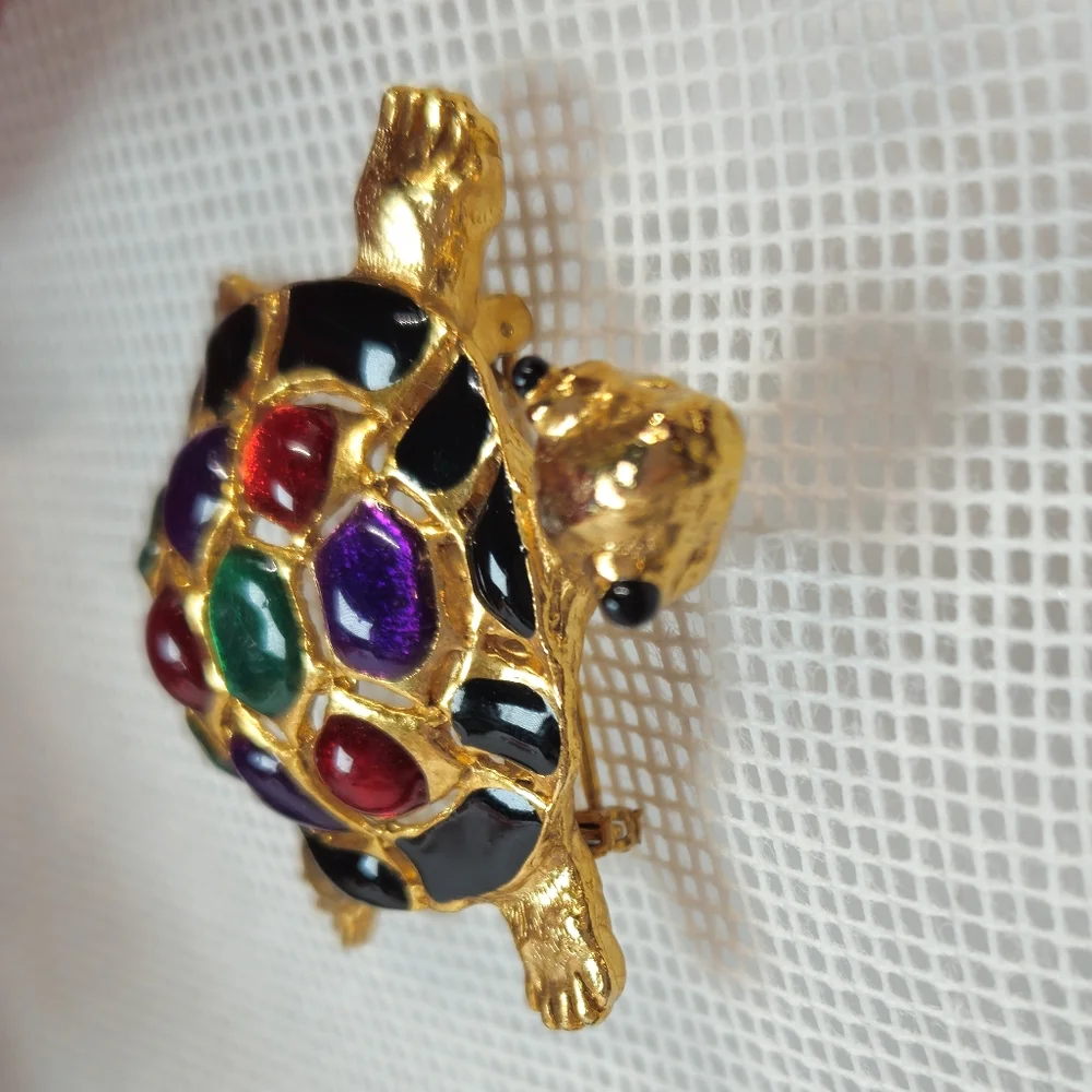 Vintage Colorful Multi Faux Gemstone Gold Tone Turtle Brooch Statement Brooch